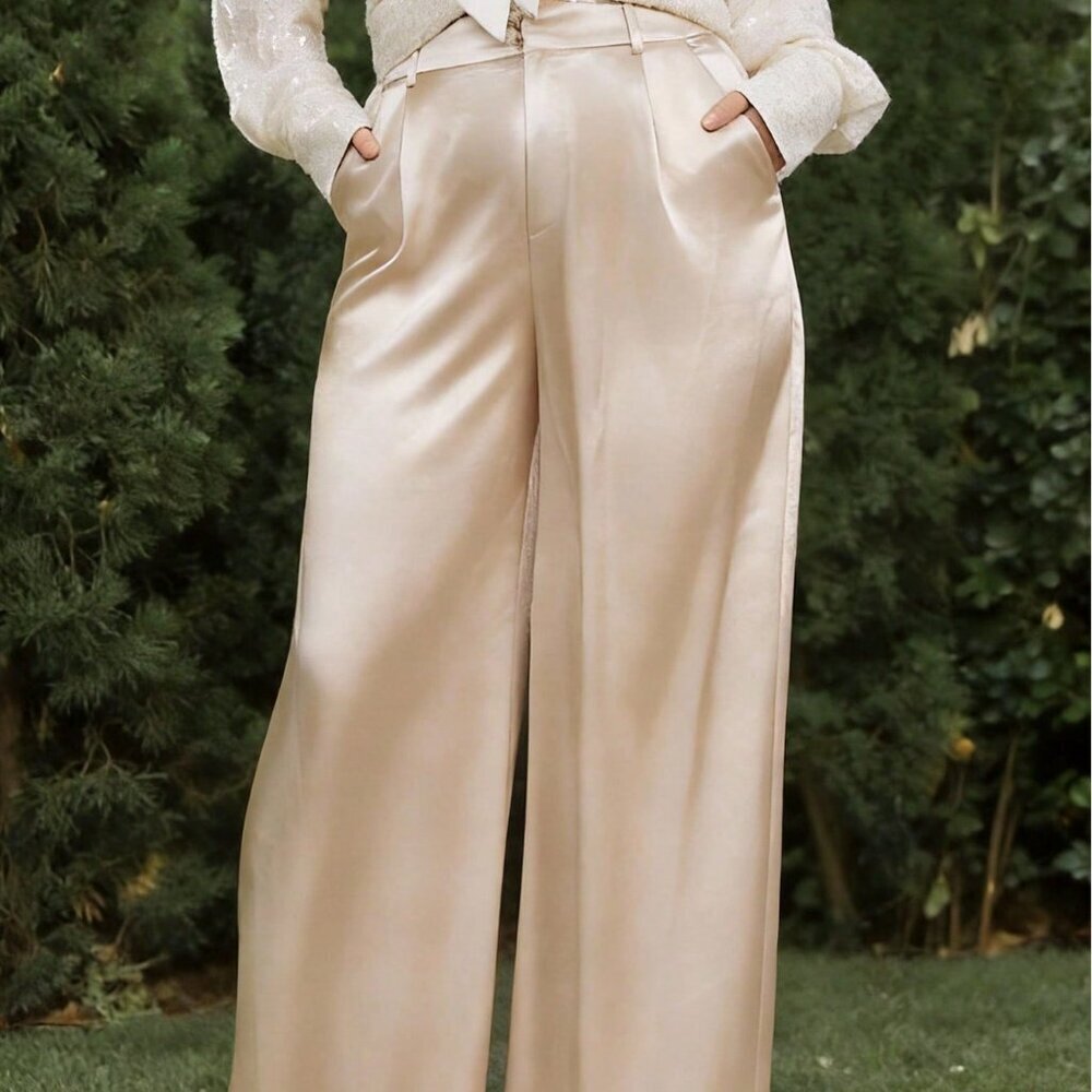 Champagne Elegant Women's Wide Leg Satin Palazzo Pants with Elastic Waist